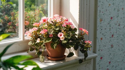 Vibrant blooming begonias in a planter, ideal for garden decor