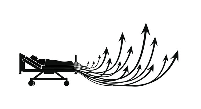 Patient's recovery visualized with upward arrows emerging from a hospital bed, symbolizing hope and progress.