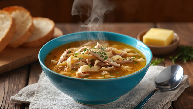 Chicken noodle soup presented in a blue dish, fiber-dense choice