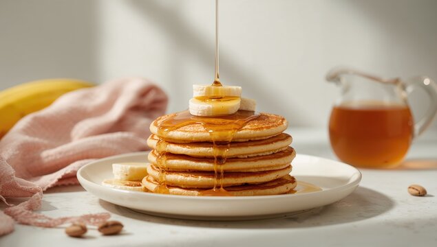 Nutritious breakfast featuring pancakes topped with banana, honey, and maple syrup, fiber-dense choice