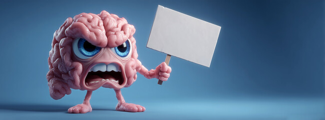 Full figure, cartoon character of an angry pink human brain with arms, legs, and big blue eyes holding a blank sign, expressing frustration and humor, on blue background with copy space. Generative Ai