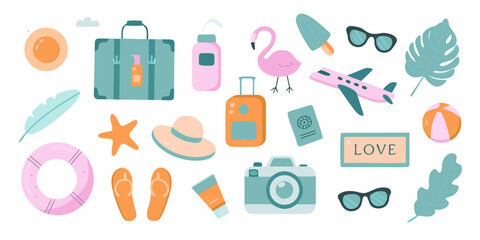 Collection of cute travel and vacation icons including luggage airplane flamingo sunglasses and beach accessories