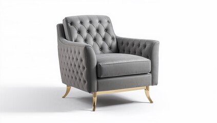 Obraz premium Classic art deco armchair with gray quilting and brass legs, functional furniture design, isolated on white