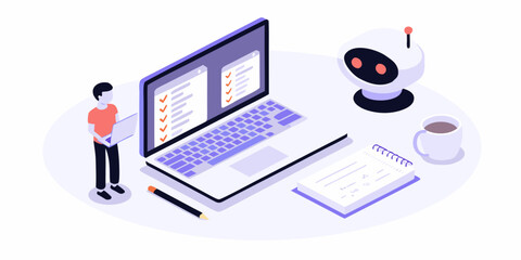 Man working on laptop with to do list and robot assistant on desk with coffee and notebook