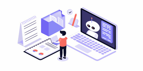 Person interacting with a chatbot on a laptop screen with office supplies and charts on desk