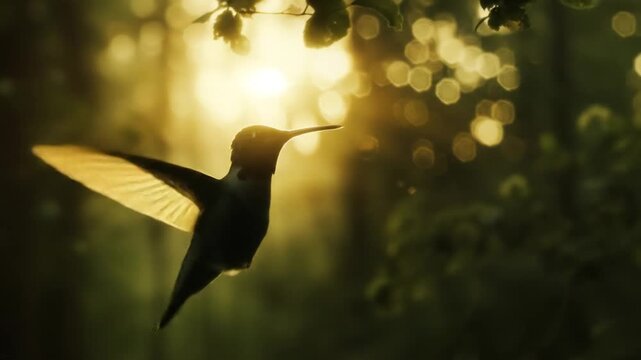 Tiny hummingbird silhouetted in flight against a warm, golden sunlight and soft bokeh background in a natural garden setting.