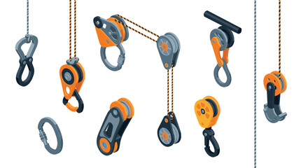 Fototapeta premium Isometric pulley system components with hooks and ropes in industrial design