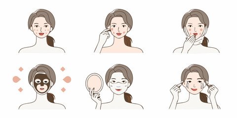 Woman s skincare routine steps illustrated with facial treatments and beauty products