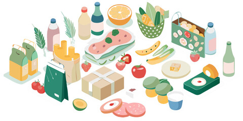 Isometric illustration of a variety of food items and groceries arranged in a scattered composition