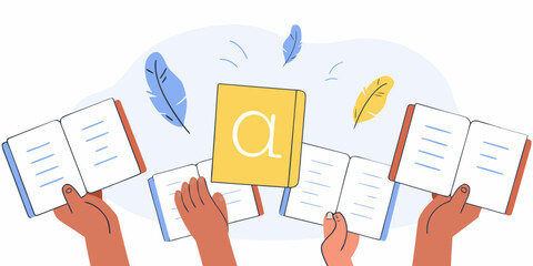 Hands holding open books with feathers floating around a yellow book with alpha symbol