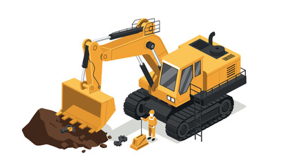 Fototapeta premium Isometric excavator scene with construction worker in action