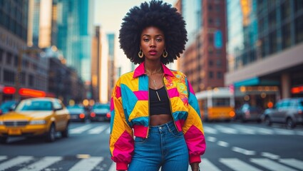 Stylish woman in colorful jacket poses on a city street
