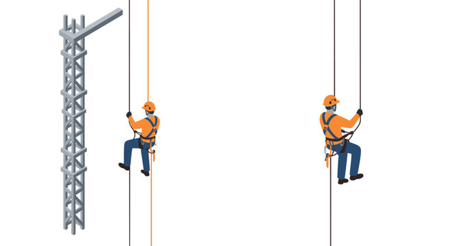 Isometric climbers scaling structure with safety gear