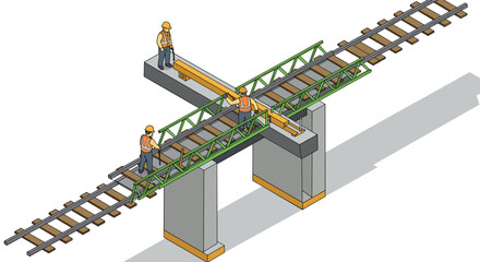 Construction workers building railway bridge in isometric style with safety equipment