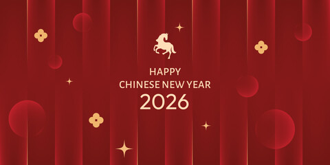 Chinese New Year 2026 greeting card design featuring a golden horse on a red background with festive decorations and glowing elements. Elegant modern style celebrating the Year of the Horse.