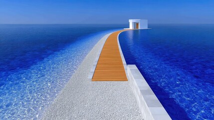 Obraz premium Overwater Villa Walkway Extending Over Deep Blue Ocean Under Clear Sky With Bright Sunlight