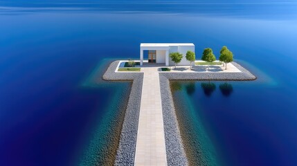 Modern Luxury Overwater Villa Architecture with Infinity Pool Set on Rocky Peninsula Surrounded by Deep Blue Ocean Waters under Clear Sky