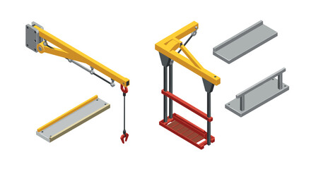Isometric construction equipment with crane and platform components