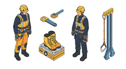 Construction worker safety equipment in isometric style