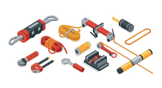 Isometric set of industrial equipment and tools for rigging and lifting