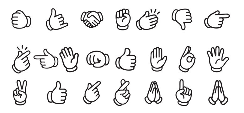 Set of various hand gesture icons in black outline, graphic illustration. concept of communication, expressive signs, symbols, language, design elements, isolated on white background