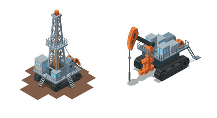 Fototapeta premium Isometric oil drilling and pumping rig machines on white background