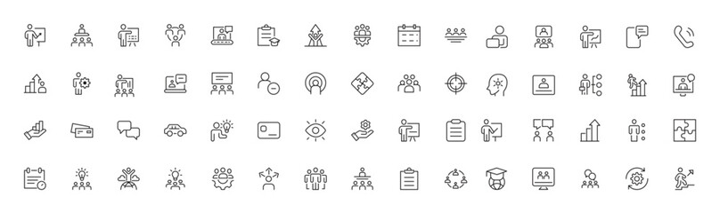 Set of Workshop and Coaching line icons. Outline icon collection related to training, coaching, mentoring, education, meetings, conferences, and teamwork.