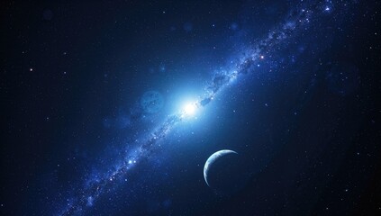 Two-dimensional image of interstellar space with bright stars, planets, moons, and comets, suitable for science fiction backgrounds