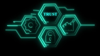 neon glowing futuristic digital interface with security lock gears and growth chart icons on dark background representing technology innovation and data analysis - Powered by Adobe