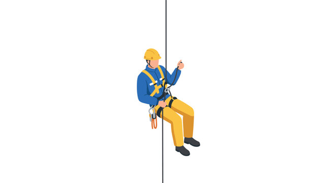 Worker in safety gear rappelling down rope on white background  isometric design