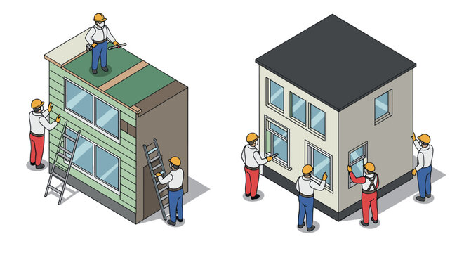 Construction workers building and inspecting modern houses in isometric style