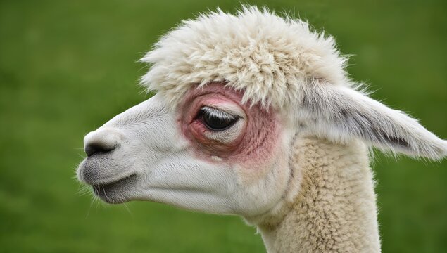 Male white alpaca showing psoriasis inflammation on the facial area around the eye. A dermatological issue leading to irritation, soreness, and distress in the animal. Treatment options are currently