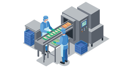 Isometric factory workers operating automated food production line