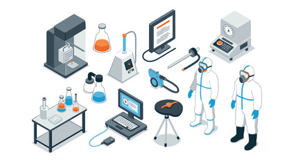 Isometric laboratory equipment and scientists in protective gear
