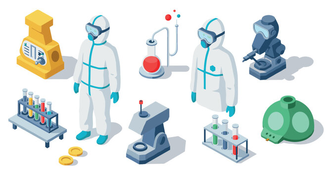 Isometric scientists with protective gear and laboratory equipment in cleanroom environment