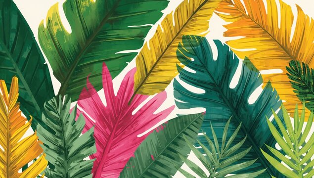 Colorful abstract tropical foliage in modern hues, ideal for vibrant backgrounds and seasonal themes