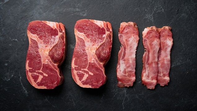 Fresh raw pork meat displayed on a dark surface, processed meat risk