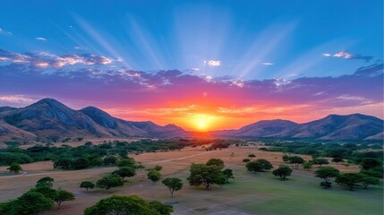 Vibrant Sunset Sky Over Rolling Hills and Scattered Trees in a Picturesque Rural Landscape with Golden Light Illuminating the Horizon