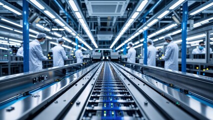Fototapeta premium Modern electronics factory assembly line with workers in protective clothing