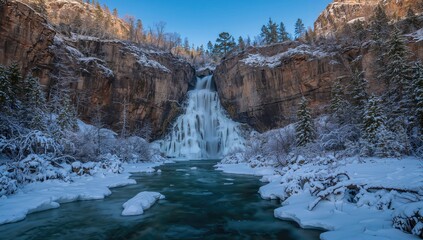Frozen waterfall in a river canyon, showcasing winter landscape and ice formations, erosion risk