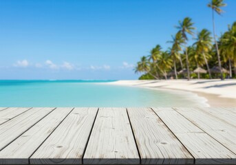 Distressed white wood table overlooking a tropical beach with turquoise ocean and palm trees