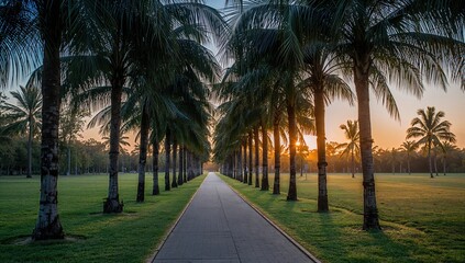 Obraz premium A tranquil walkway lined with palm trees at sunrise, evoking a serene tropical setting for relaxation