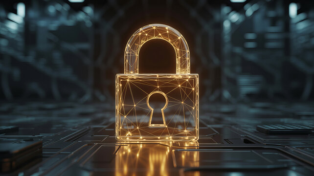 Glowing digital padlock symbolizing data security and cyber protection in a futuristic network environment, ensuring digital safety
