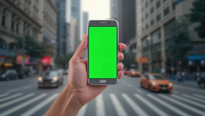 Hand holding a smartphone with a green screen in an urban environment, suitable for a vibrant lifestyle