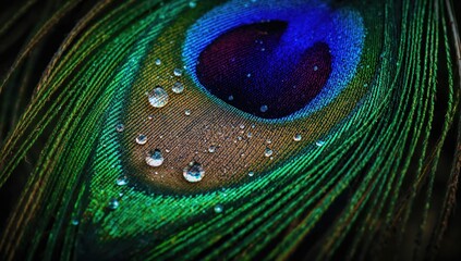 Fototapeta premium Close-up of a peacock feather adorned with water droplets, showcasing intricate texture and detail