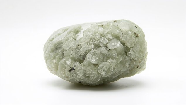 Macro mineral prehnite stone on a white surface, showcasing natural texture, potential health benefits