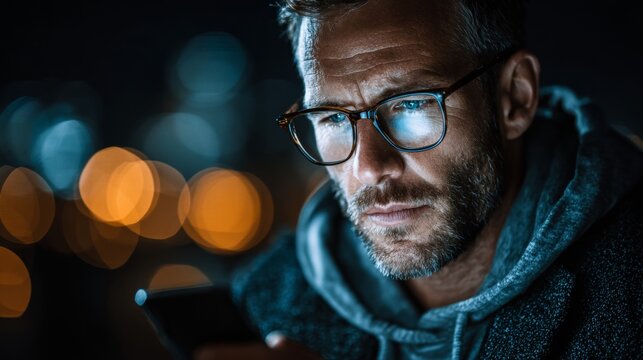 Urban sophistication: a day in the life of a connected professional. Virtual analytics. Stylish manager in a light blue shirt navigates the urban buzz online. Neon displays. Virtual interface.