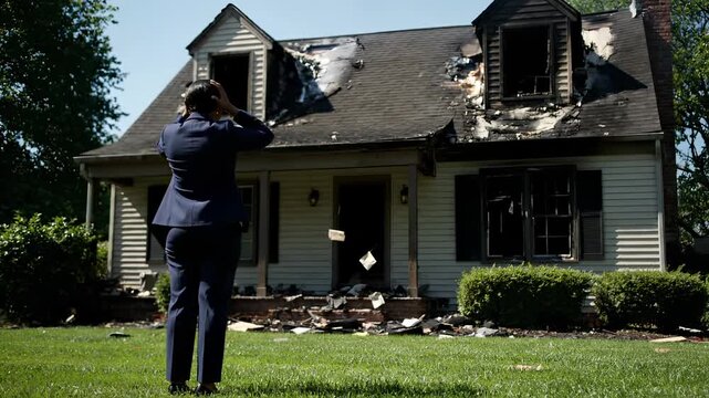 man stands beside house with damage from fire. Charred roof and shattered window present. Scattered debris covers lawn. phone held while smoke rises. Nearby shrubbery bears scorch mark. Siding warped.