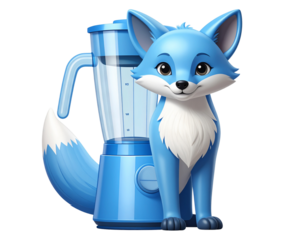 Cute Blue Fox Cartoon Character Standing Next to a Blender