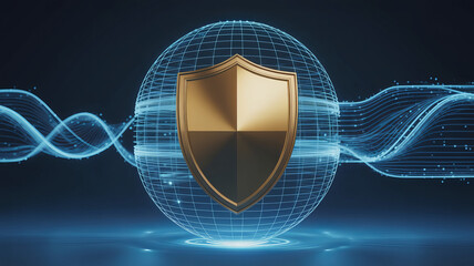 Secure digital world protected by golden shield on glowing abstract globe with data streams flowing dynamically around it